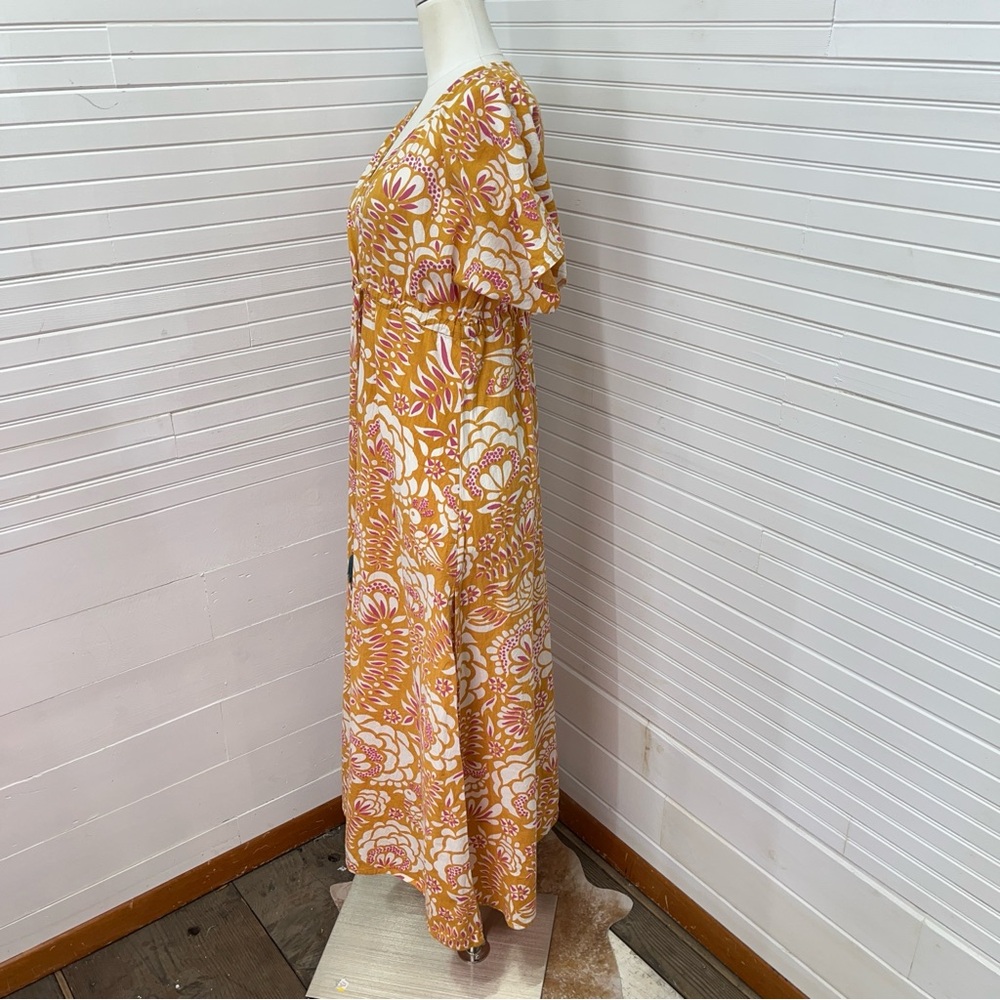 Omika Sohalia Gold Block Print Linen Blend Maxi Dress in Mustard - Picture 4 of 8